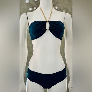 Issa London Dark Teal & Tan Bandeau Top 2pc. Bikini w/ Cutout Bottoms Sz XS NWT